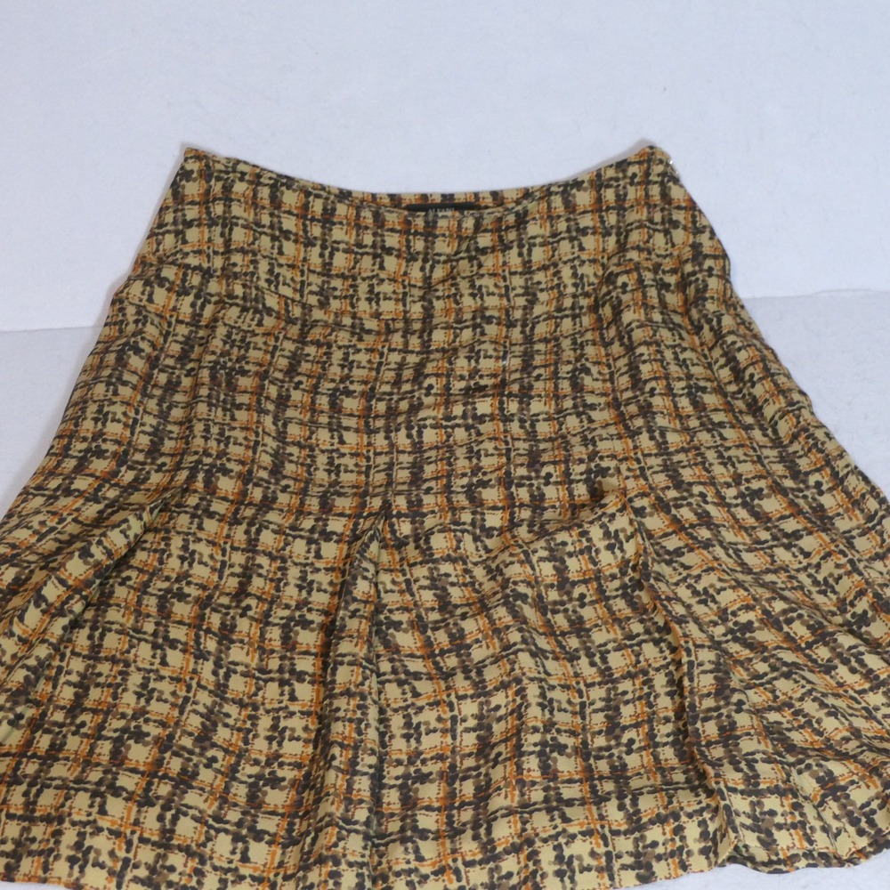 Alfani Womens Silk Skirt 10 Tan Brown Plaid Abstract Print Preppy Earthy Flare